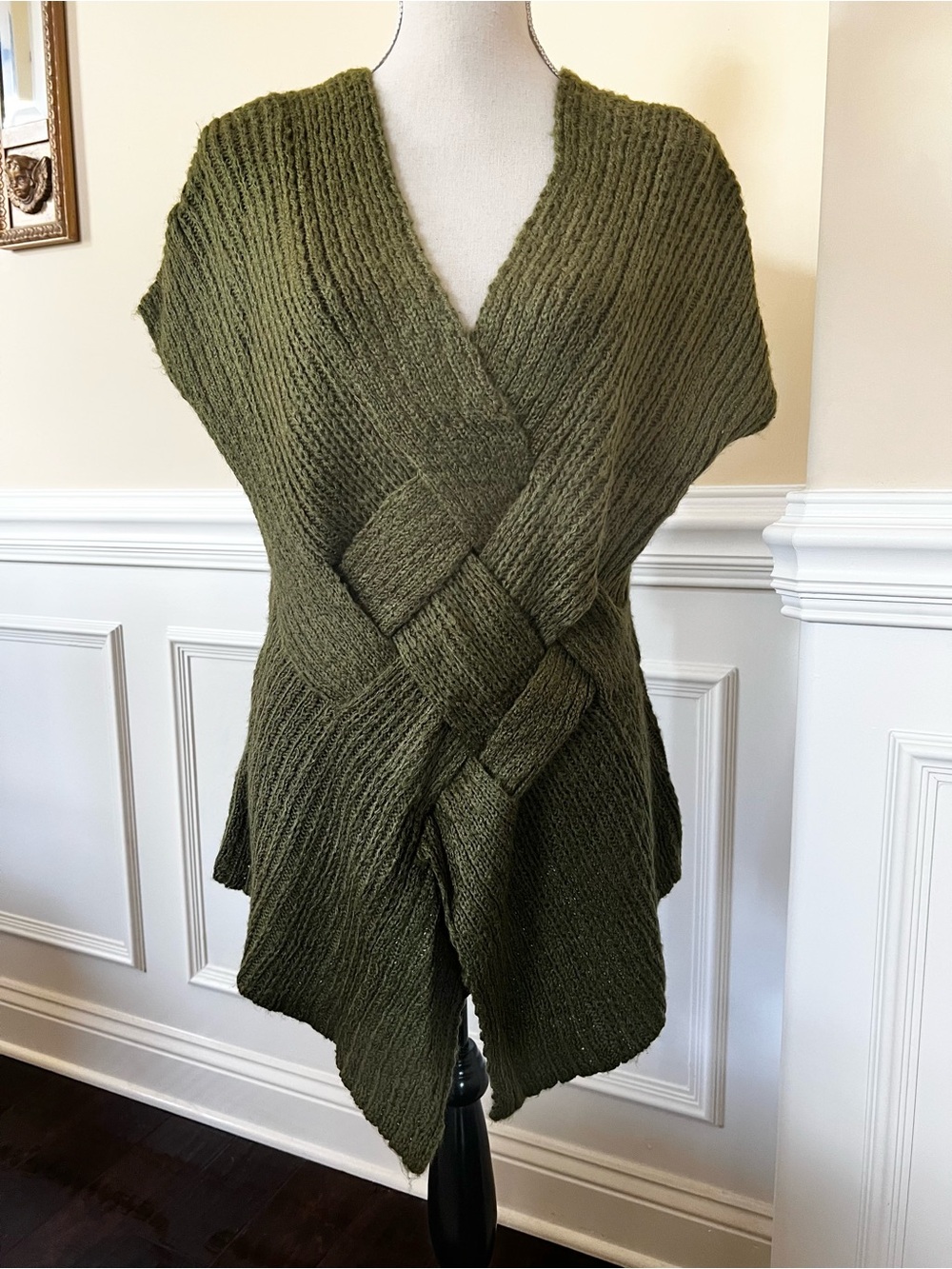 Olive Green, Basketweave Crossover Deep-V-Neck Knit Sweater Vest.